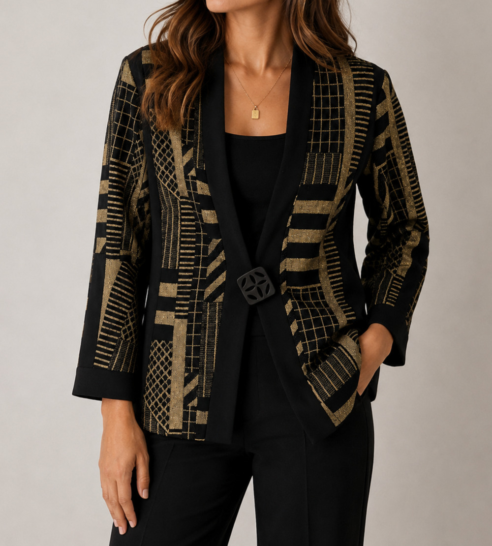Joseph Ribkoff Blazer Womens 6 Black Gold Metallic Geometric Statement Jacket